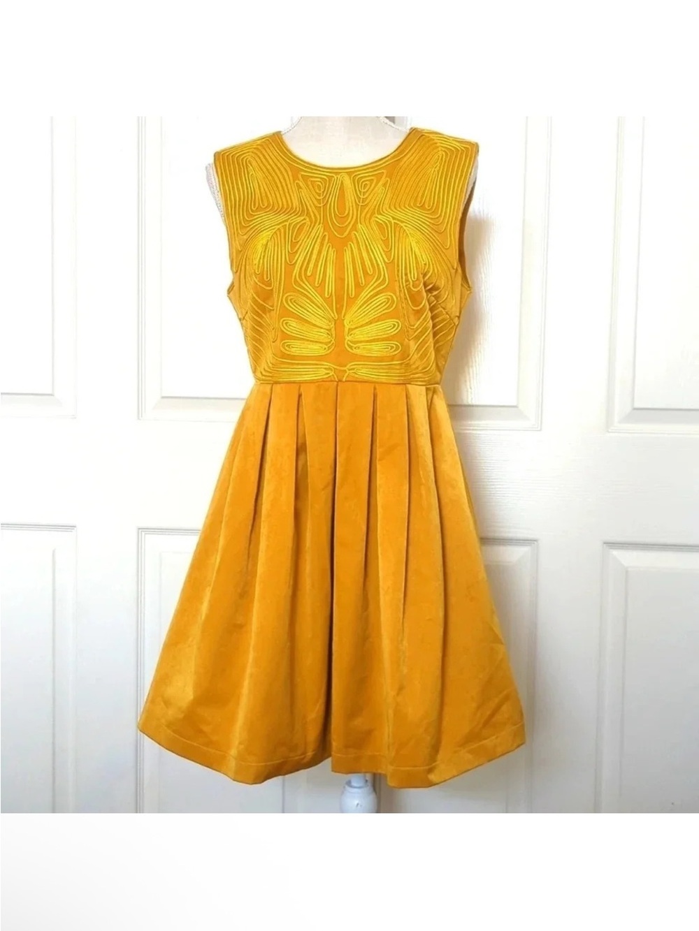 Esley Sleeveless Mustard Yellow Pleated Fit-and-Flare Dress